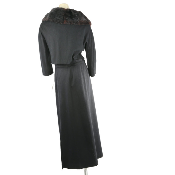 Kennie Belted Black Wool Skirt Suit Mink Fur Collar Jacket Vintage Set Size S - Picture 14 of 16